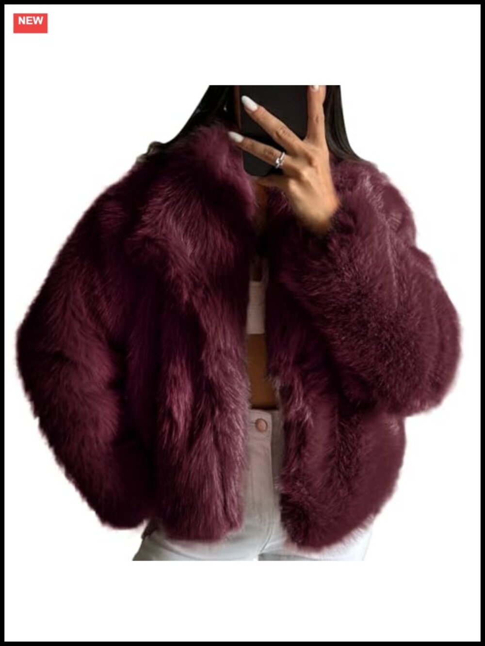 Womens Faux Fur Jacket Fluffy Cropped Long Sleeve Lapel Button Down Fuzzy